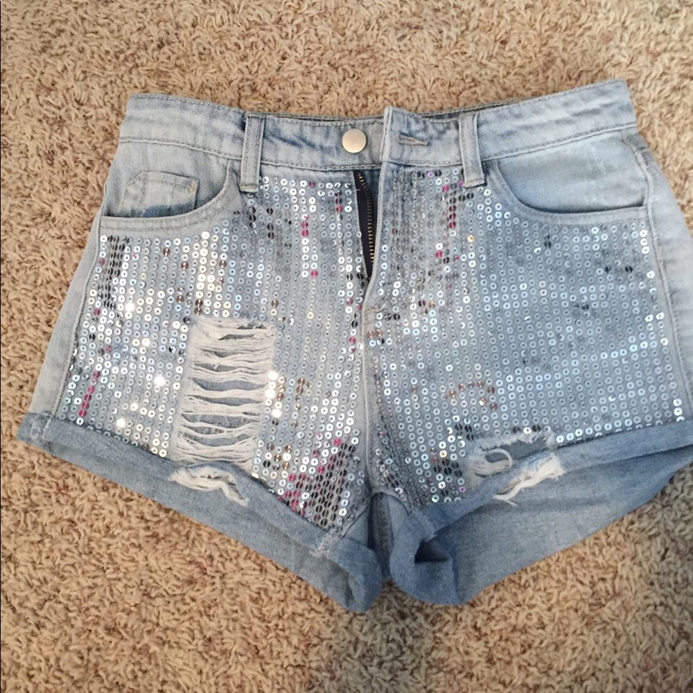 Distressed sequin shorts